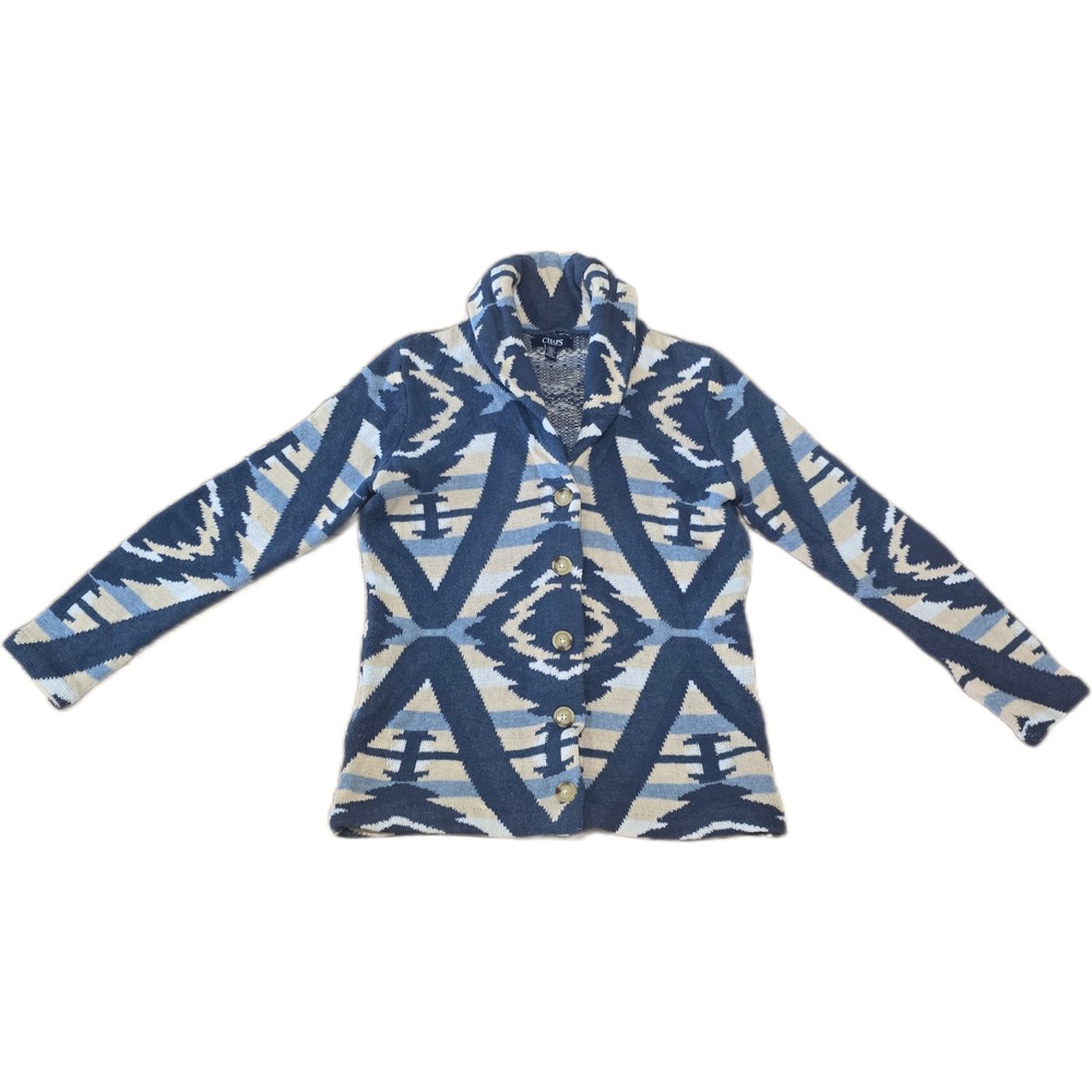 Chaps Denim Womens Blue Southwestern Geometric Shawl Collar Cardigan Sweater M